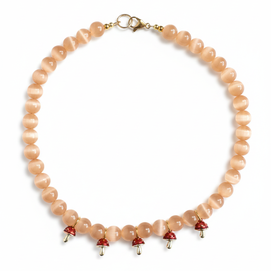 Statement orange beaded necklace with cute mushroom pendants_still