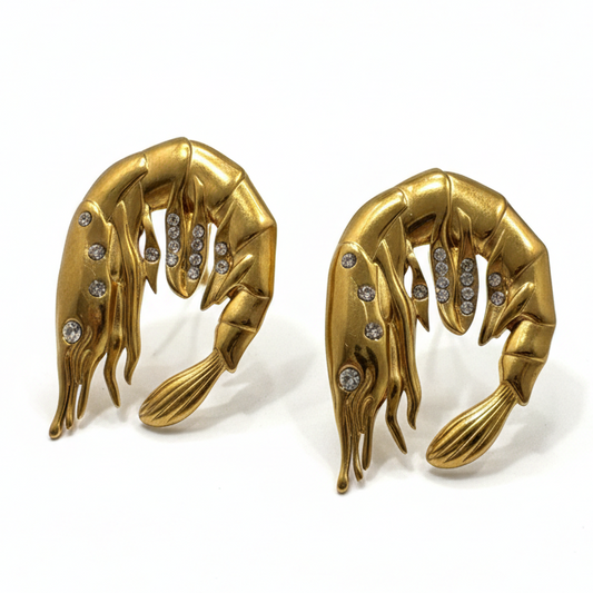 Gold shrimp-shaped earring with sparkling rhinestones, 18k gold plated, lightweight and quirky design_Still