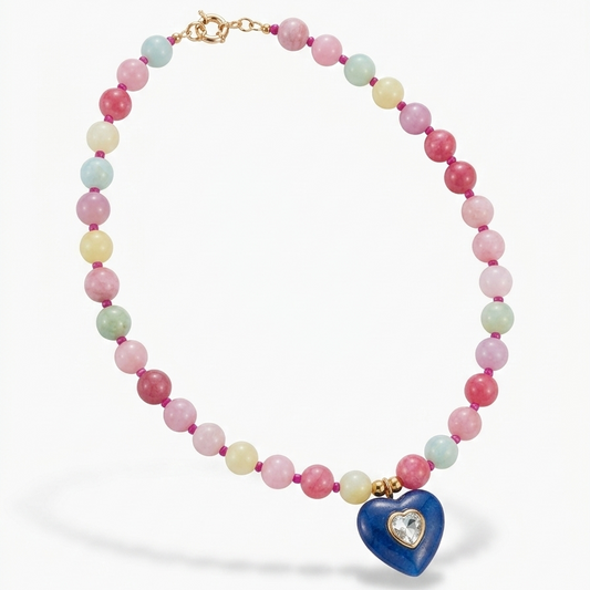 Colorful candy-tone necklace with multicolor dyed jade beads and a blue rhinestone heart pendant_still