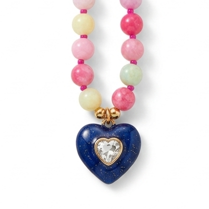 Colorful candy-tone necklace with multicolor dyed jade beads and a blue rhinestone heart pendant_pendant