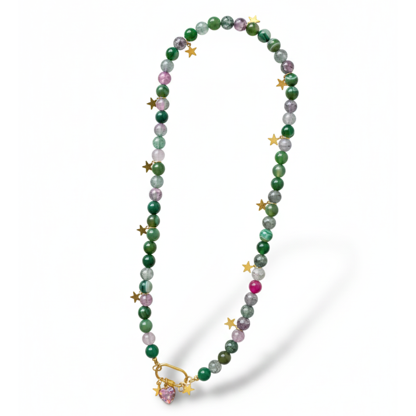 Long green beaded necklace with star accents, a silver carabiner clasp, and a small heart charm_still picture