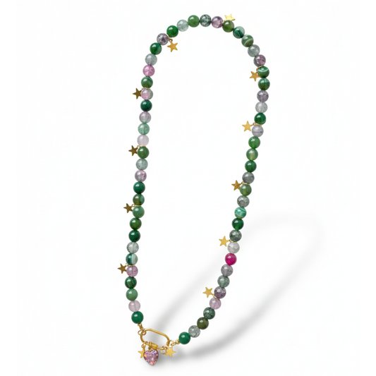 Long green beaded necklace with star accents, a silver carabiner clasp, and a small heart charm_still picture