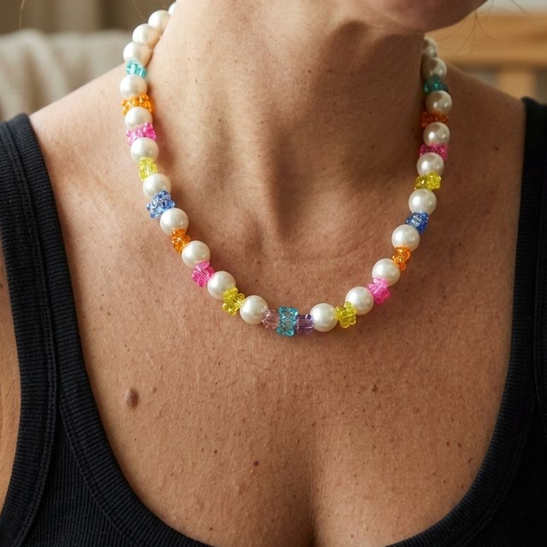 Close-up of a person wearing a colorful beaded necklace with a neutral background