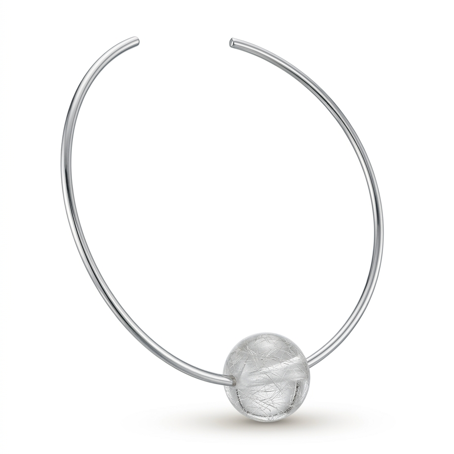 Silver stainless steel choker necklace with a large transparent bead and small gold accents_still