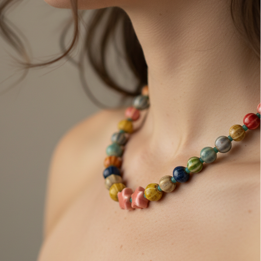 Statement necklace with colorful ceramic-glazed beads, two pink star charms, and small green spacer beads, suitable for layering or wearing alone