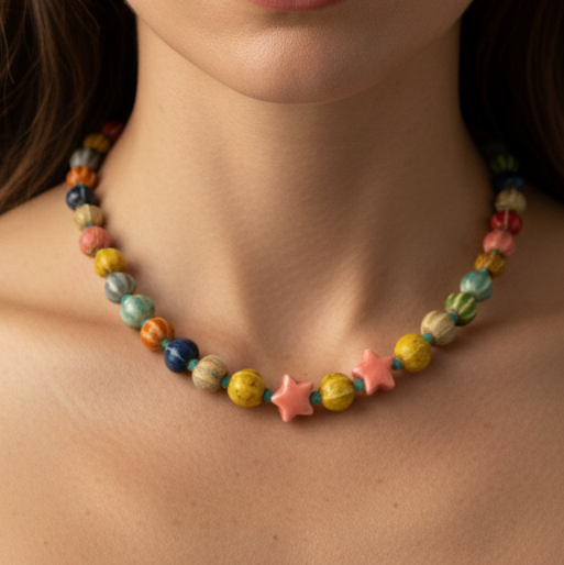 Statement necklace with colorful ceramic-glazed beads, two pink star charms, and small green spacer beads, suitable for layering or wearing alone