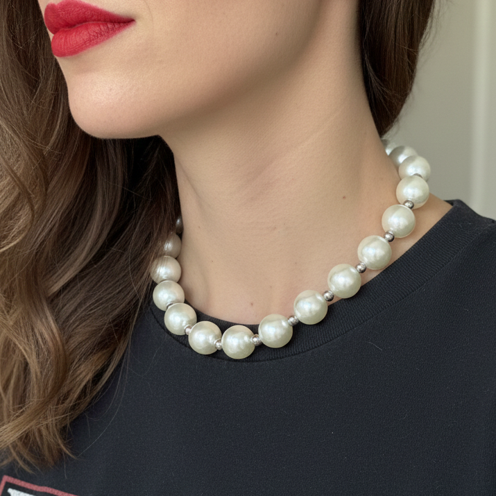 Pearl choker necklace with silver accents, classic with a playful touch.