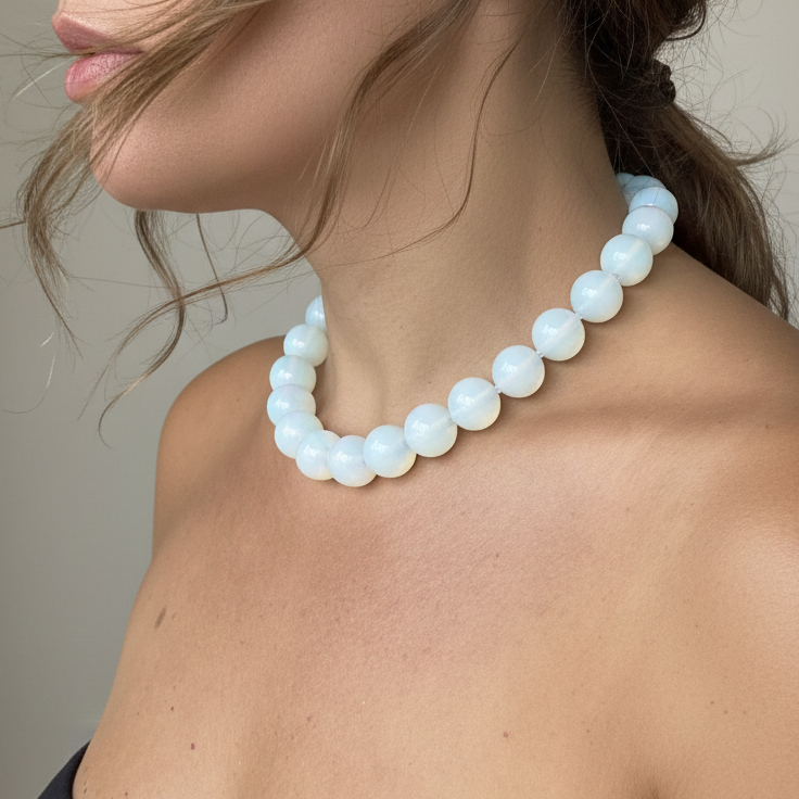 Statement necklace made with milky opalite chunky beads_close up
