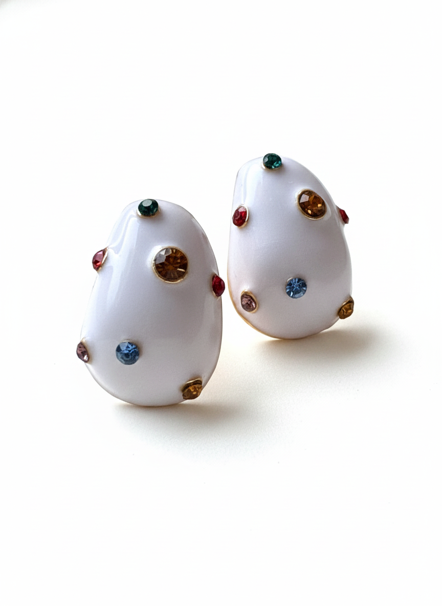 White enamel water drop studs with colorful rhinestones.