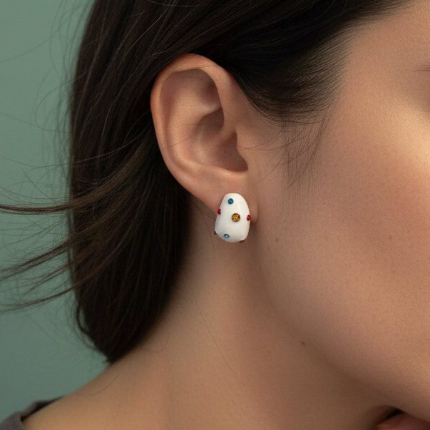 White enamel water drop studs with colorful rhinestones.