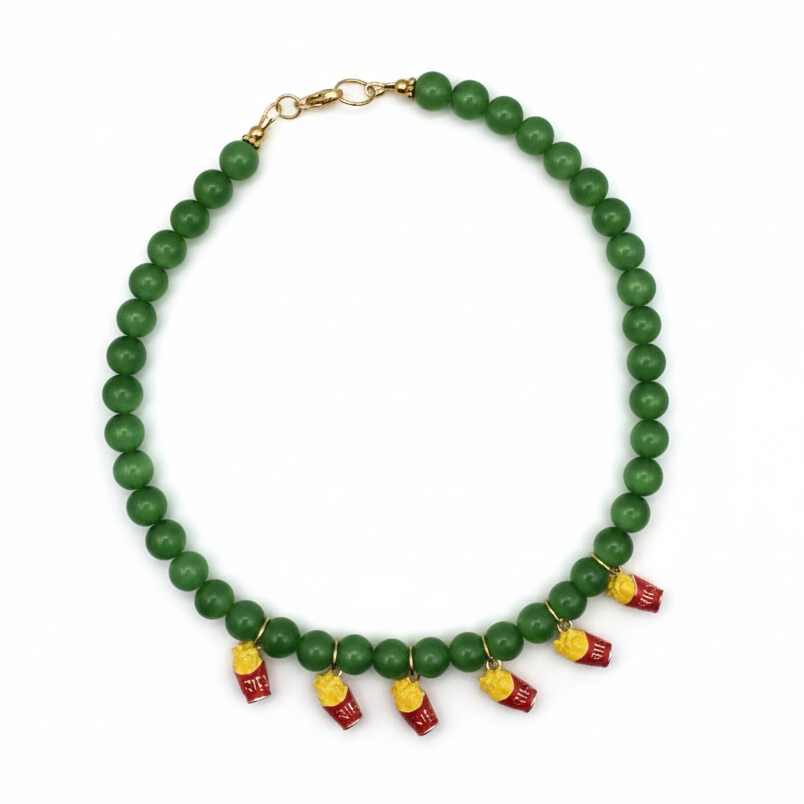 Colorful green bead necklace with cute french fries pendants