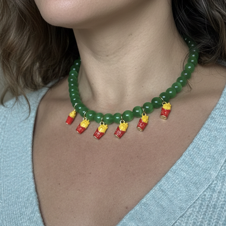 Colorful green bead necklace with cute french fries pendants