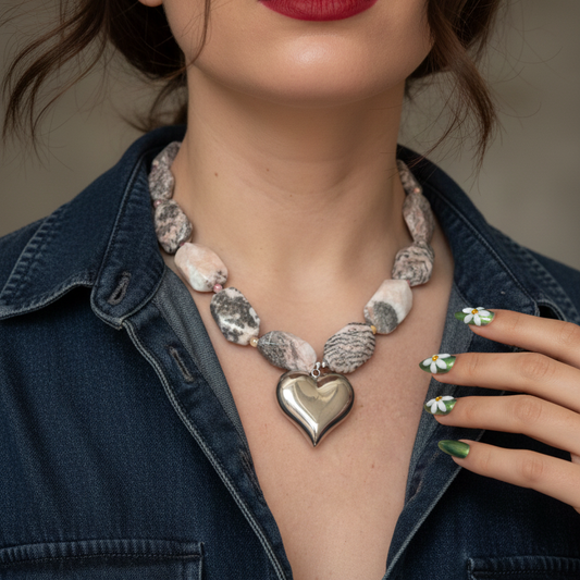 Statement necklace with pink and grey raw stone beads and a bold silver heart pendant_front