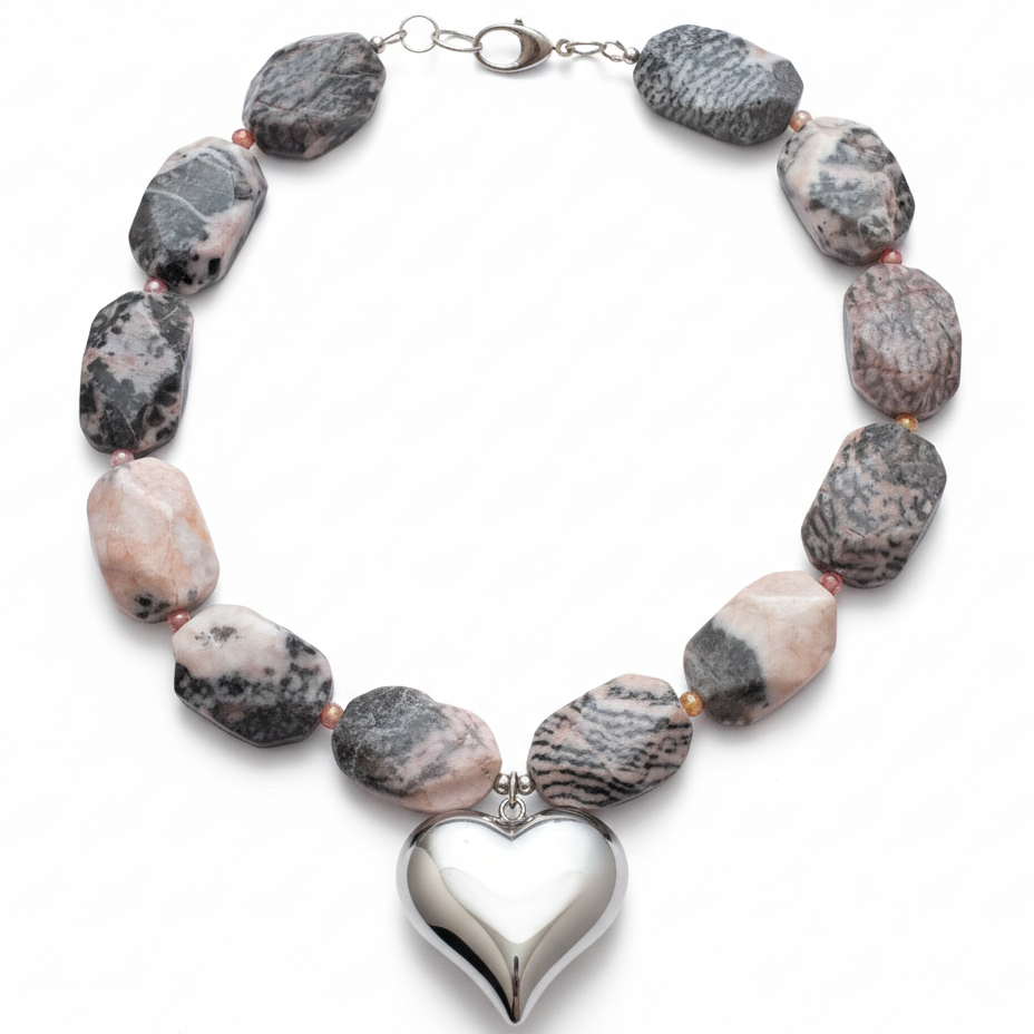 Statement necklace with pink and grey raw stone beads and a bold silver heart pendant_still
