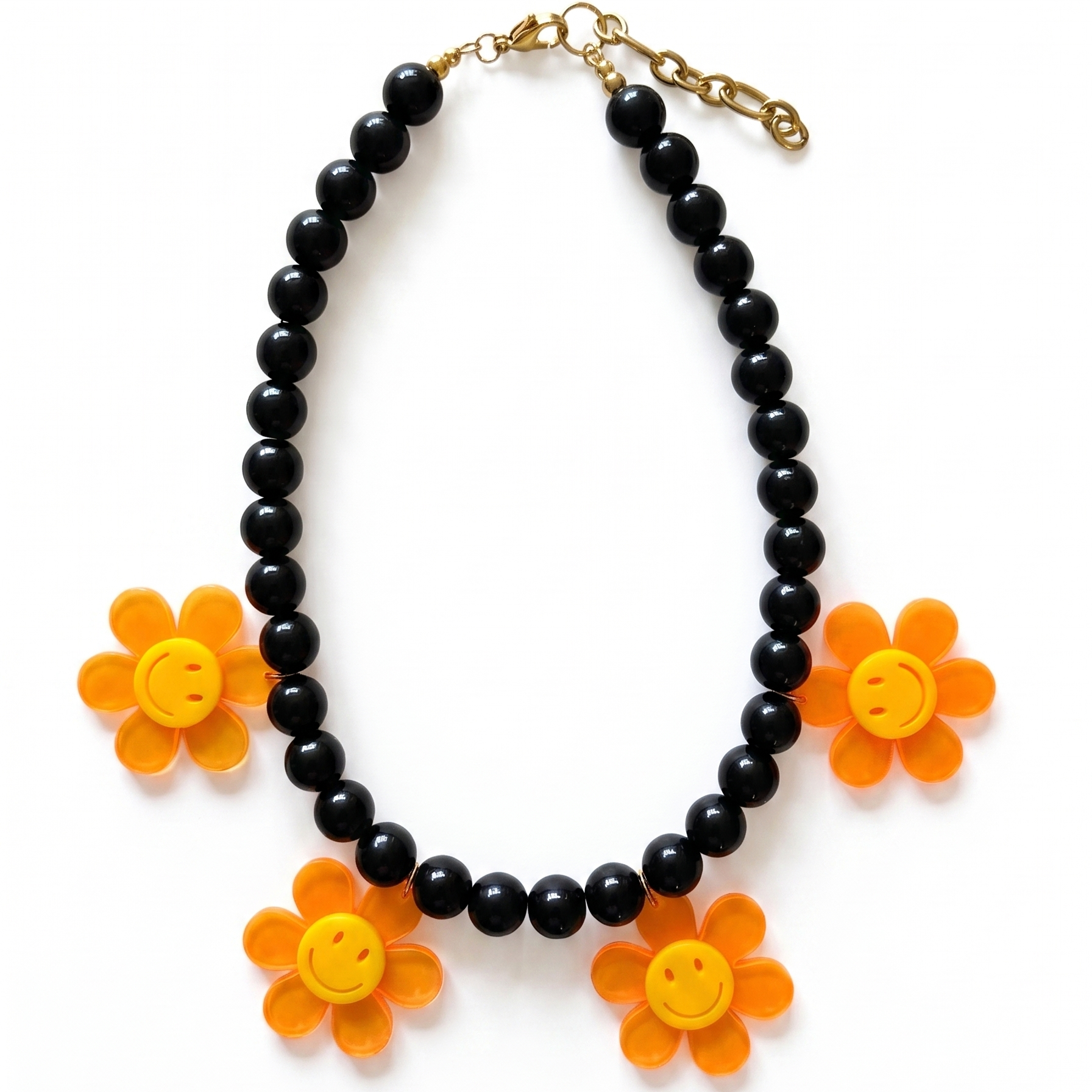 Statement necklace with black beads and neon flower pendants, handmade jewellery