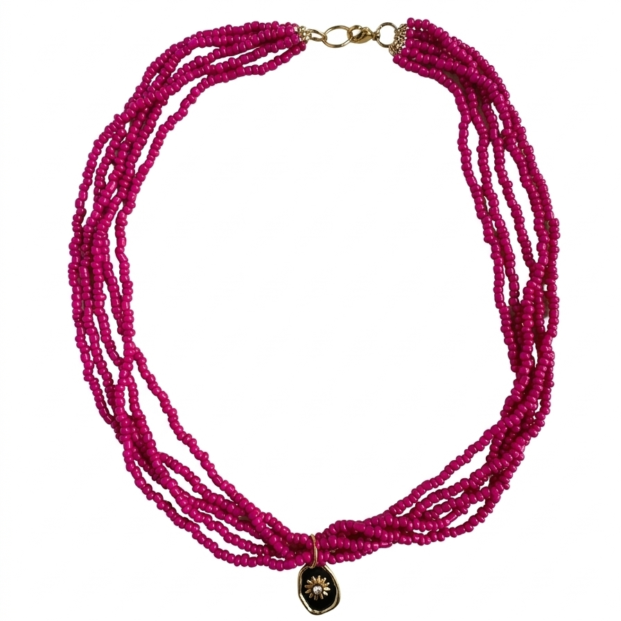 Multistrand pink beaded necklace with a gold clasp on a white background