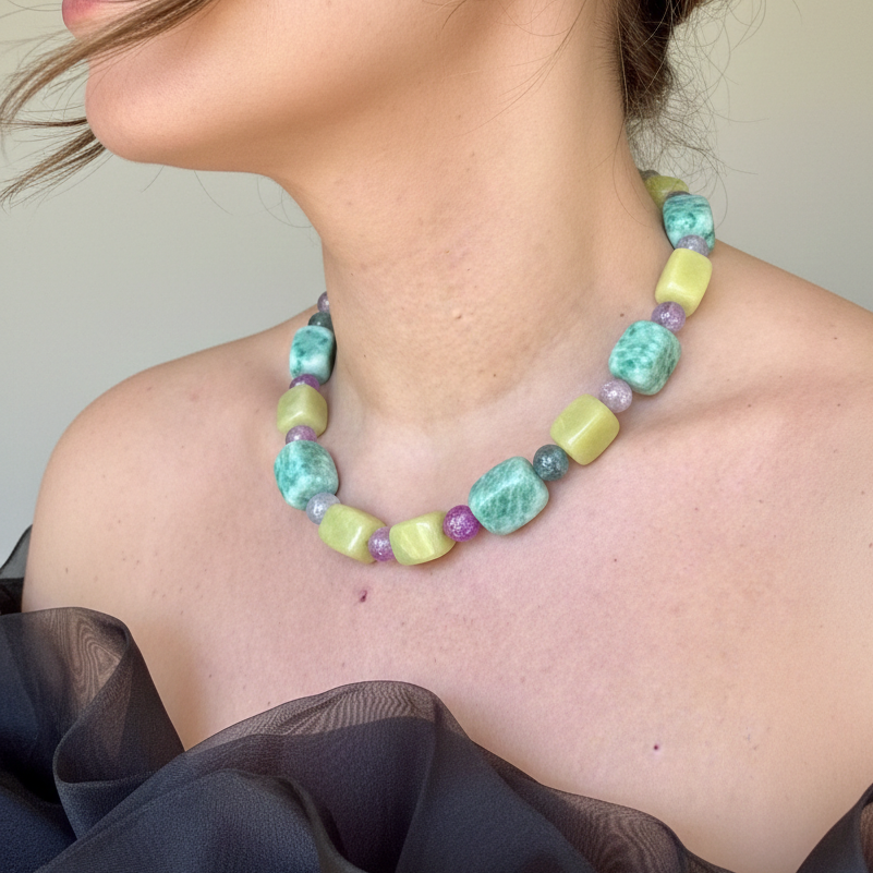 Colorful beaded necklace made with green and purple beads