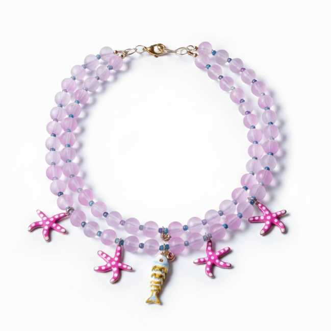 Two-strand beaded necklace with fish and starfish pendants, perfect for a beach-inspired or summer look_Pink