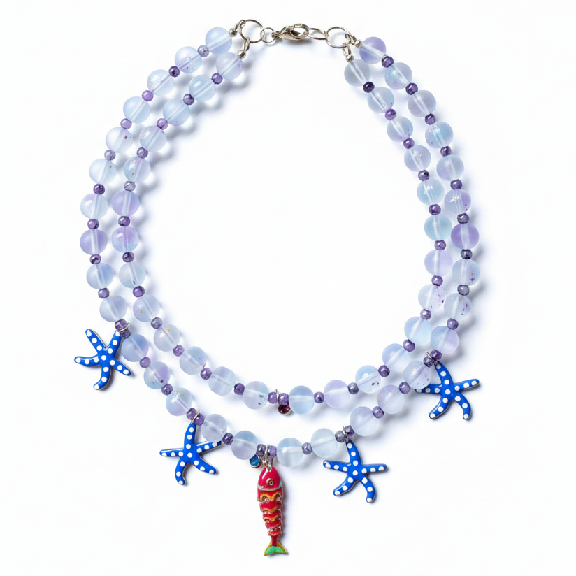 Two-strand beaded necklace with fish and starfish pendants, perfect for a beach-inspired or summer look_Blue