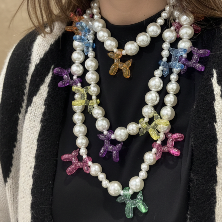 Three-in-one layered faux pearl necklace with dog pendants_close up