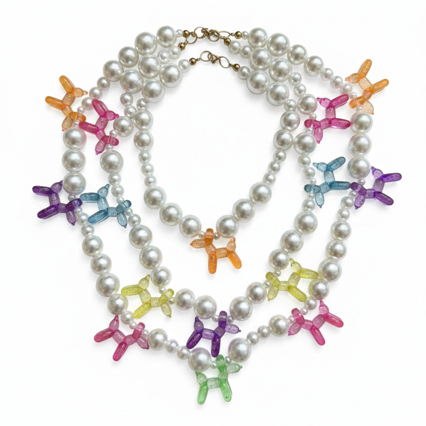 Three-in-one layered faux pearl necklace with dog pendants_Still