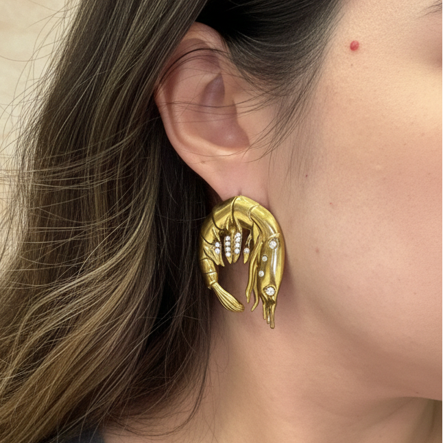 Gold shrimp-shaped earring with sparkling rhinestones, 18k gold plated, lightweight and quirky design_Model