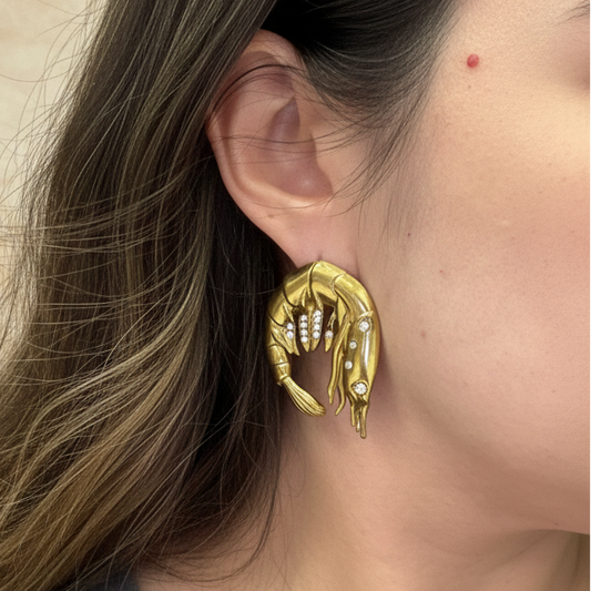 Gold shrimp-shaped earring with sparkling rhinestones, 18k gold plated, lightweight and quirky design_Model