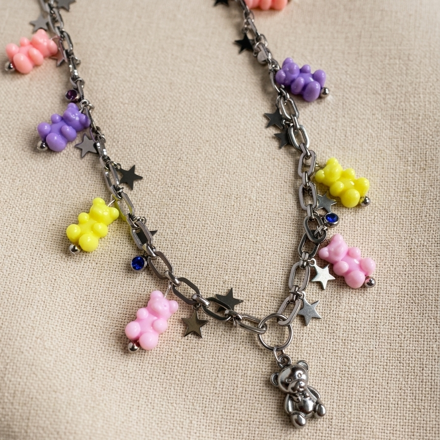 Silver Chain Neckalace with Silver Bear Charm and Colourful Bear Beads 