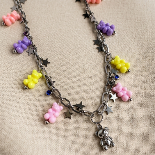 Silver Chain Neckalace with Silver Bear Charm and Colourful Bear Beads 
