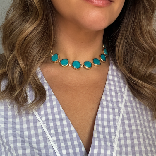 Beaded Turquoise Choker with Gold Accents – Close-Up