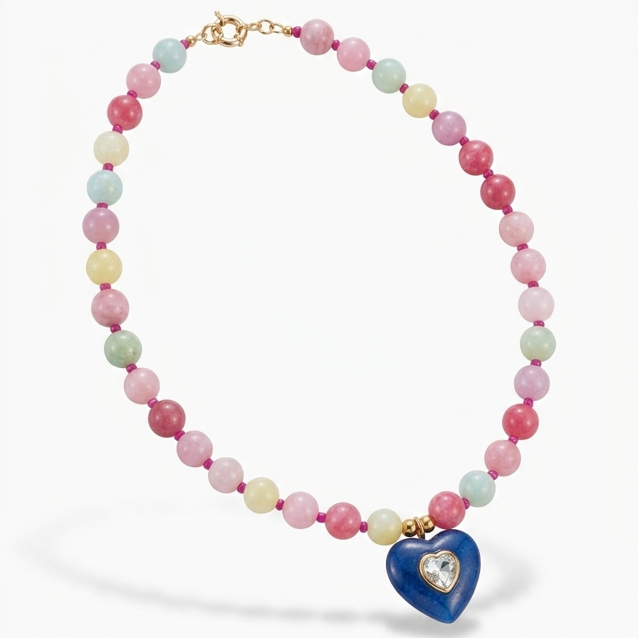 Colorful candy-tone necklace with multicolor dyed jade beads and a blue rhinestone heart pendant_still