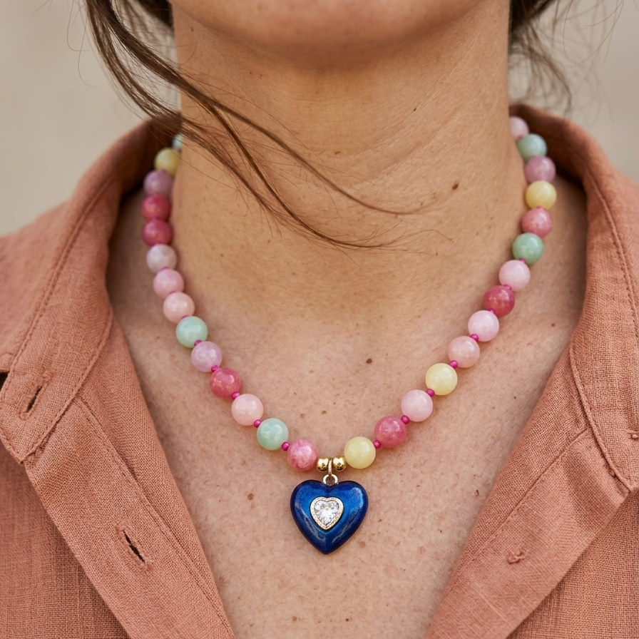 Colorful candy-tone necklace with multicolor dyed jade beads and a blue rhinestone heart pendant_close up