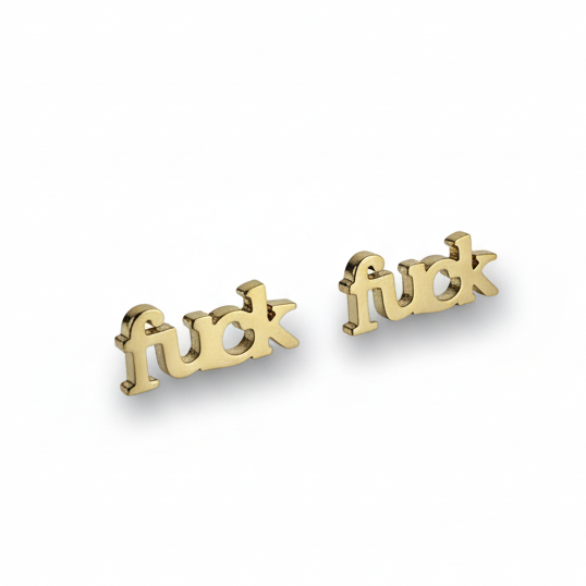 Tiny gold stud earrings with the word fuck in a bold design_still