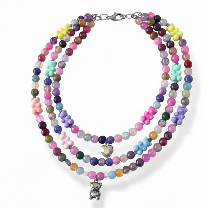 Layered three-strand necklace with colorful beads and fun bear pendants, handmade and statement-making_dark Cherry