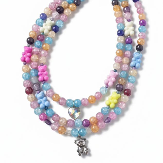 Layered three-strand necklace with colorful beads and fun bear pendants, handmade and statement-making_blue
