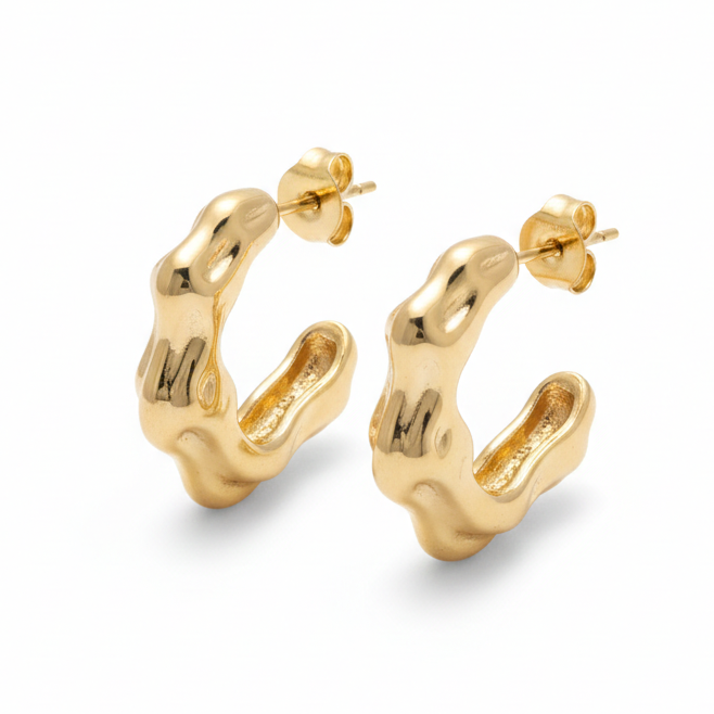Small gold hoop earrings with a wavy design_still