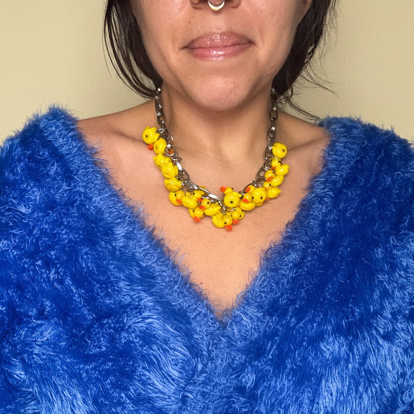 bold silver chain necklace with glass duck pendants, fun statement necklace